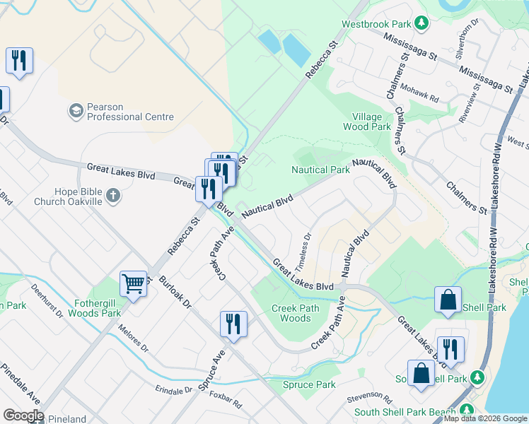 map of restaurants, bars, coffee shops, grocery stores, and more near 430 Nautical Boulevard in Oakville