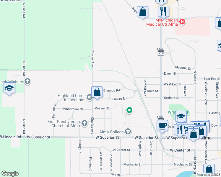 map of restaurants, bars, coffee shops, grocery stores, and more near 975 Iowa Street in Alma
