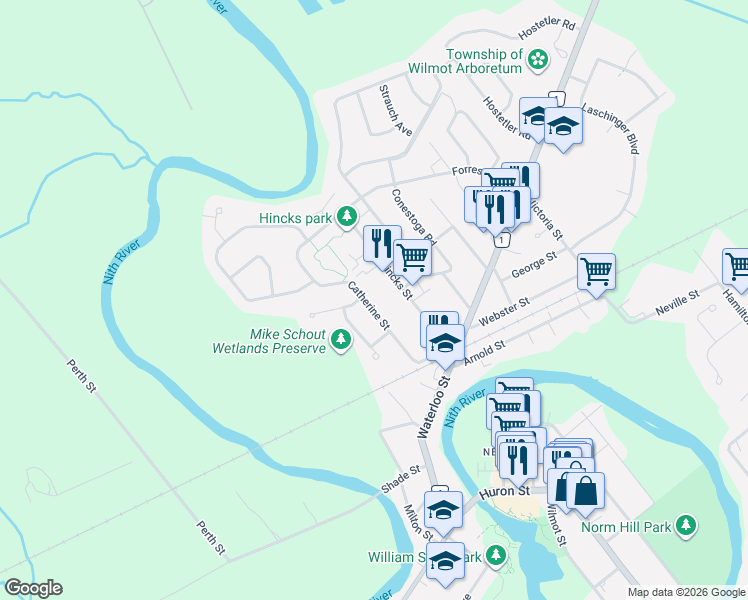 map of restaurants, bars, coffee shops, grocery stores, and more near 144 Catherine Street in New Hamburg