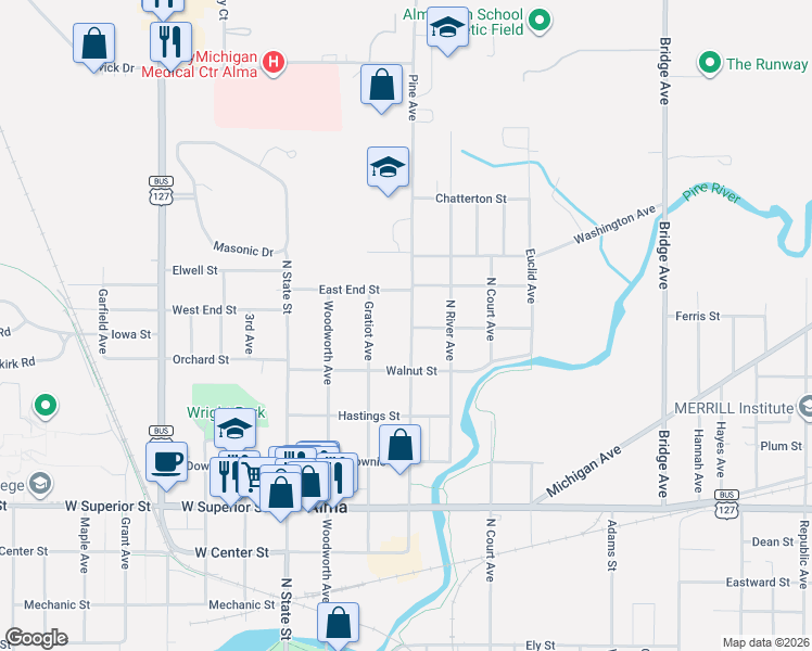 map of restaurants, bars, coffee shops, grocery stores, and more near 807 Pine Avenue in Alma