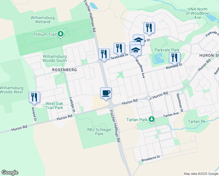 map of restaurants, bars, coffee shops, grocery stores, and more near in Kitchener