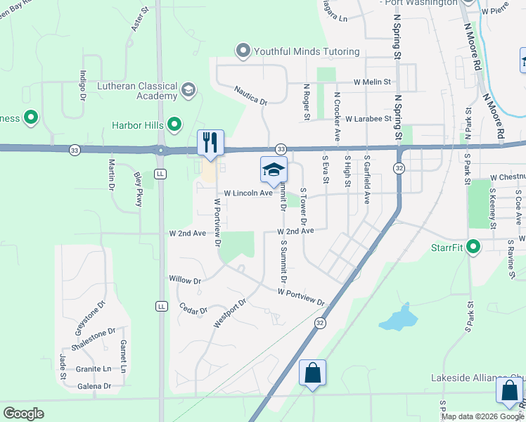 map of restaurants, bars, coffee shops, grocery stores, and more near 1243 West Lincoln Avenue in Port Washington
