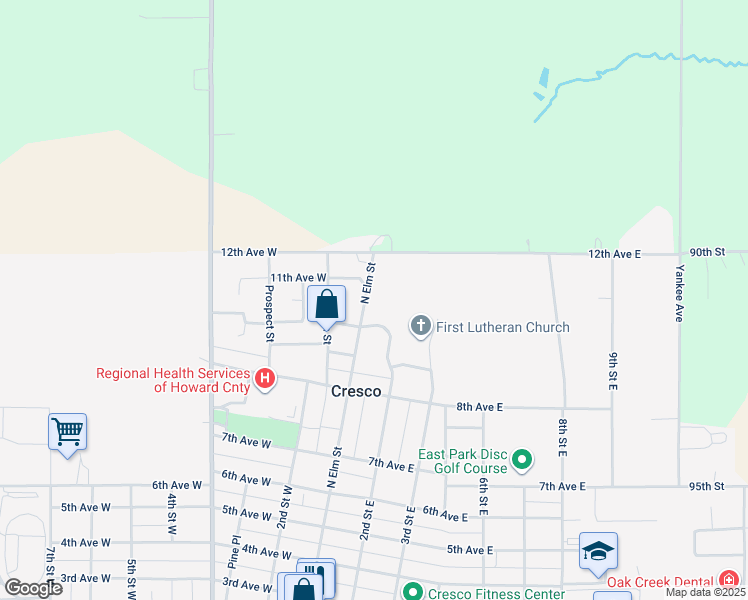 map of restaurants, bars, coffee shops, grocery stores, and more near 1001-1053 North Elm Street in Cresco