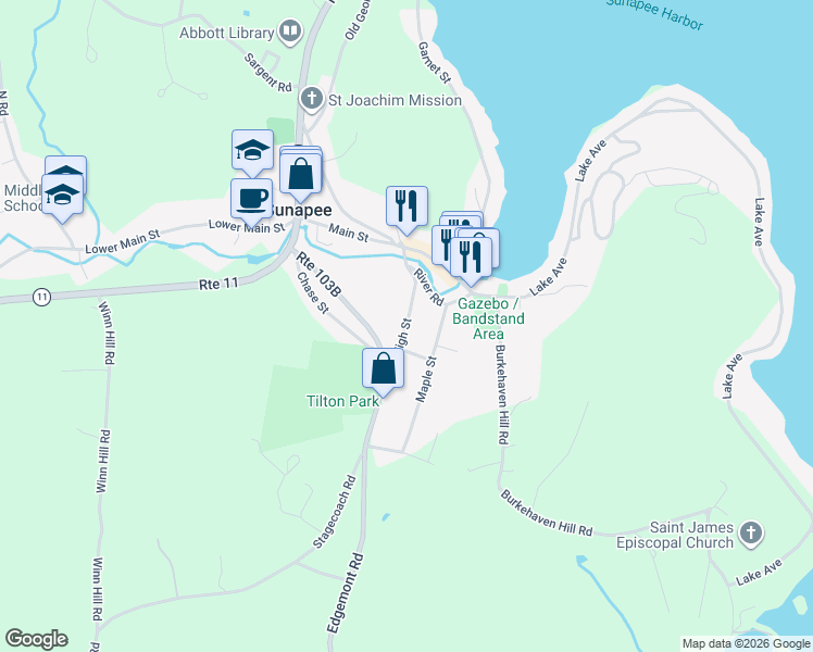 map of restaurants, bars, coffee shops, grocery stores, and more near 15 High Street in Sunapee