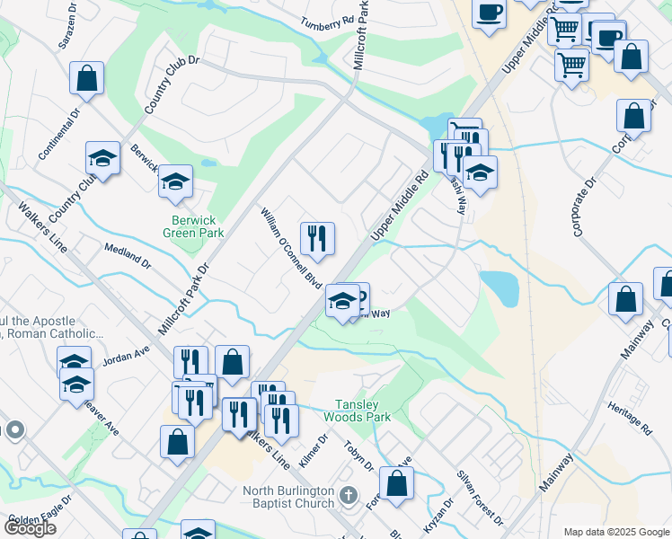 map of restaurants, bars, coffee shops, grocery stores, and more near 4165 Upper Middle Road in Burlington
