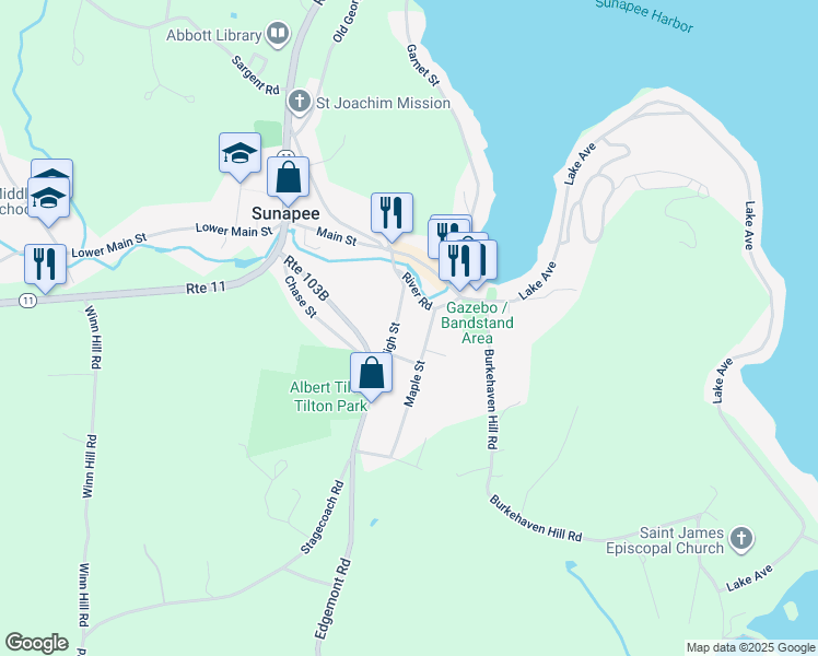 map of restaurants, bars, coffee shops, grocery stores, and more near 4 Maple Street in Sunapee