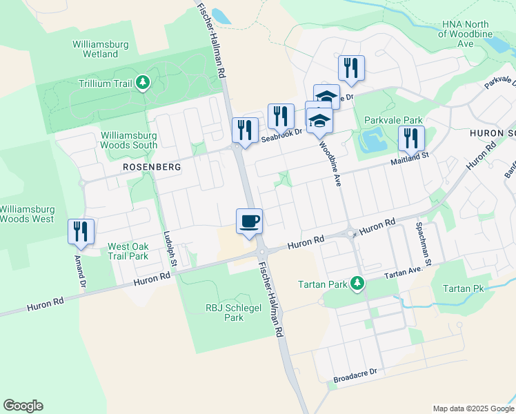 map of restaurants, bars, coffee shops, grocery stores, and more near in Kitchener