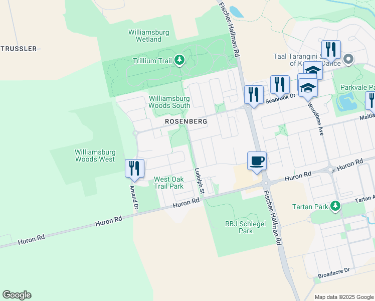 map of restaurants, bars, coffee shops, grocery stores, and more near in Kitchener