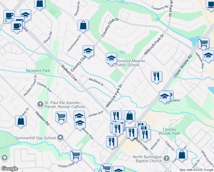 map of restaurants, bars, coffee shops, grocery stores, and more near 4103 Medland Drive in Burlington