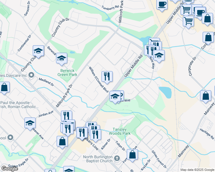 map of restaurants, bars, coffee shops, grocery stores, and more near 2025 William O'Connell Boulevard in Burlington