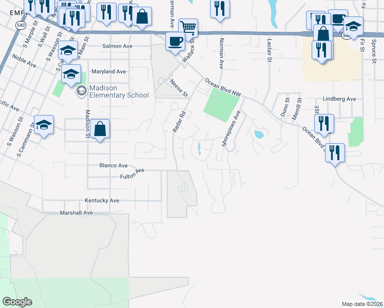 map of restaurants, bars, coffee shops, grocery stores, and more near 662 Village Pines Drive in Coos Bay