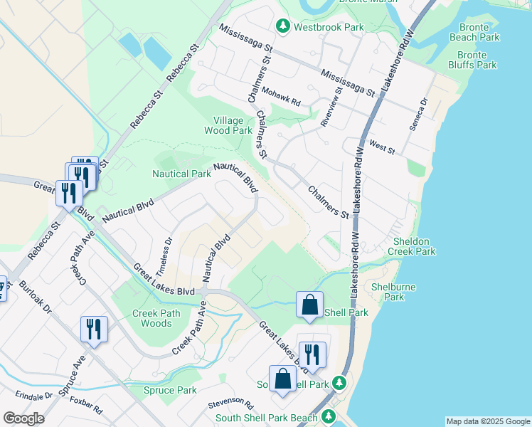 map of restaurants, bars, coffee shops, grocery stores, and more near 130 Innville Crescent in Oakville
