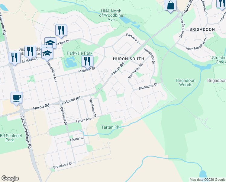map of restaurants, bars, coffee shops, grocery stores, and more near 760 Huron Road in Kitchener