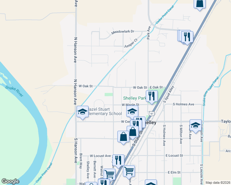 map of restaurants, bars, coffee shops, grocery stores, and more near 279 North Byron Avenue in Shelley