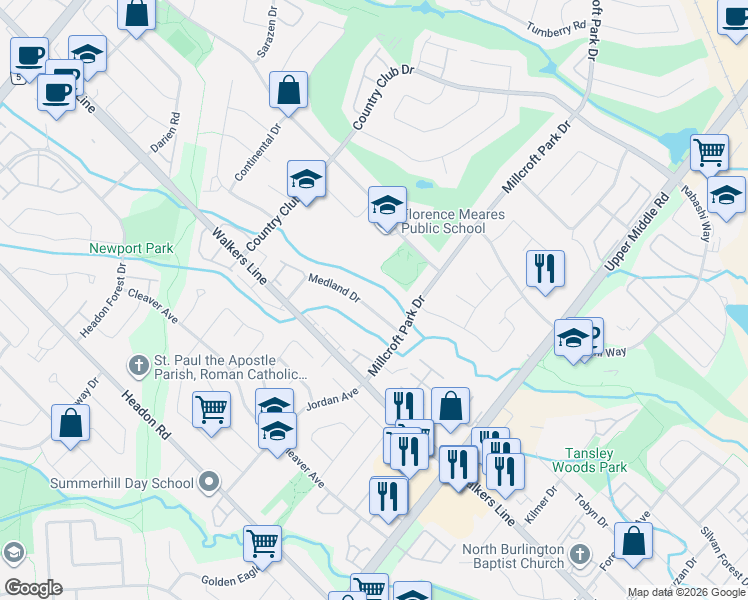 map of restaurants, bars, coffee shops, grocery stores, and more near 4103 Medland Drive in Burlington