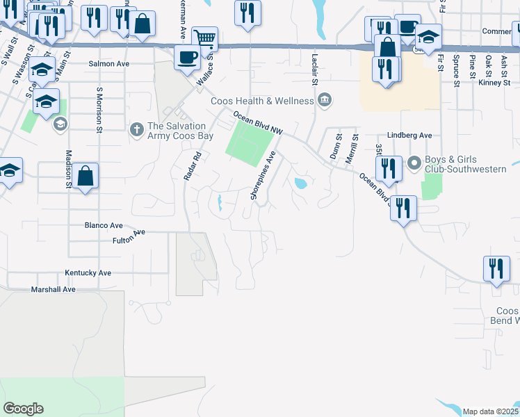 map of restaurants, bars, coffee shops, grocery stores, and more near 615 Shorepines Ave in Coos Bay