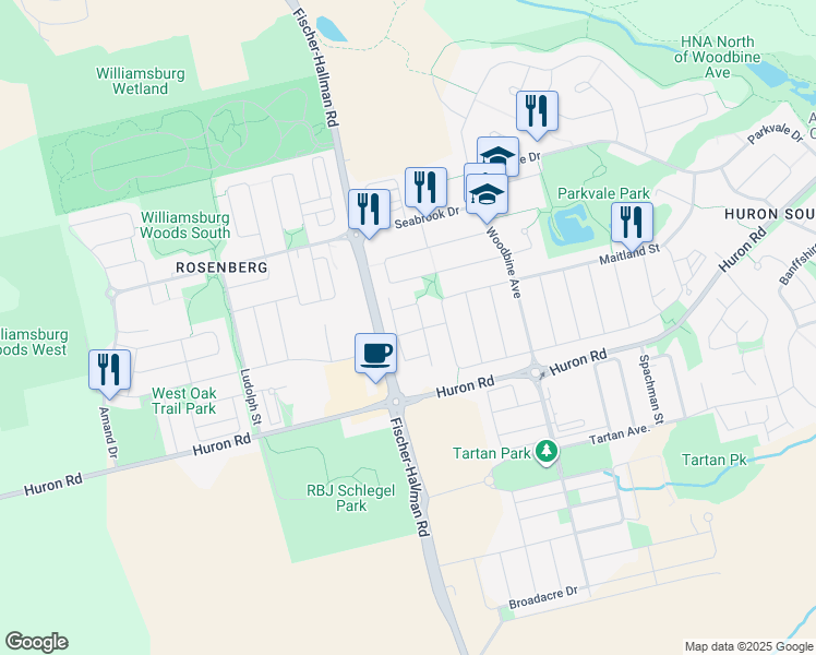 map of restaurants, bars, coffee shops, grocery stores, and more near in Kitchener