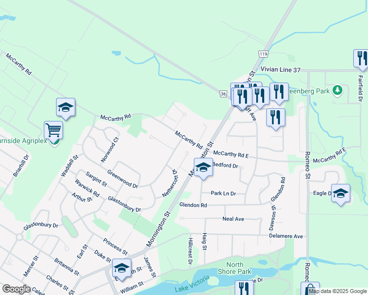 map of restaurants, bars, coffee shops, grocery stores, and more near 15 Greenwood Drive in Stratford