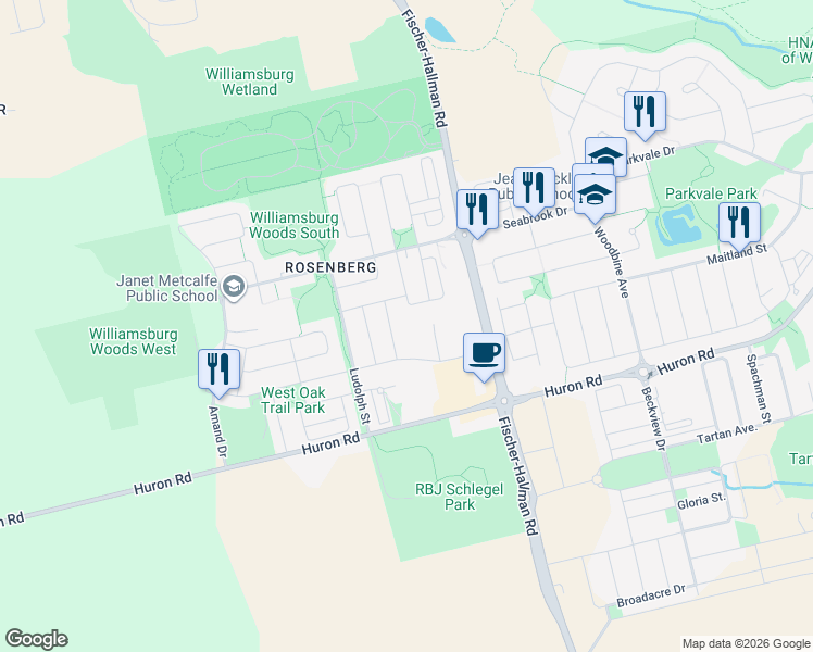 map of restaurants, bars, coffee shops, grocery stores, and more near 205 West Oak Trail in Kitchener