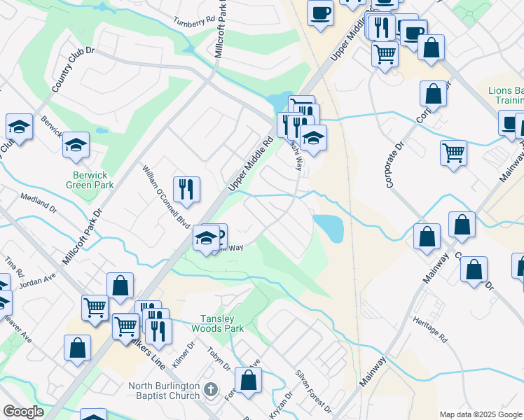 map of restaurants, bars, coffee shops, grocery stores, and more near 2125 Itabashi Way in Burlington