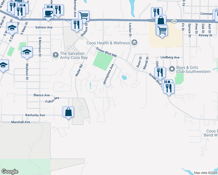 map of restaurants, bars, coffee shops, grocery stores, and more near 615 Shorepines Avenue in Coos Bay