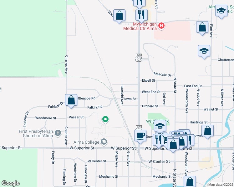 map of restaurants, bars, coffee shops, grocery stores, and more near 750 Iowa Street in Alma