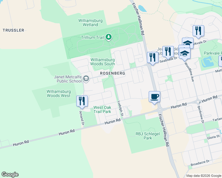 map of restaurants, bars, coffee shops, grocery stores, and more near in Kitchener