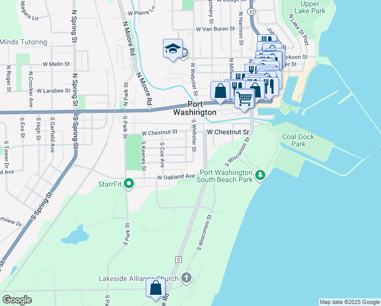 map of restaurants, bars, coffee shops, grocery stores, and more near 403 West Foster Street in Port Washington