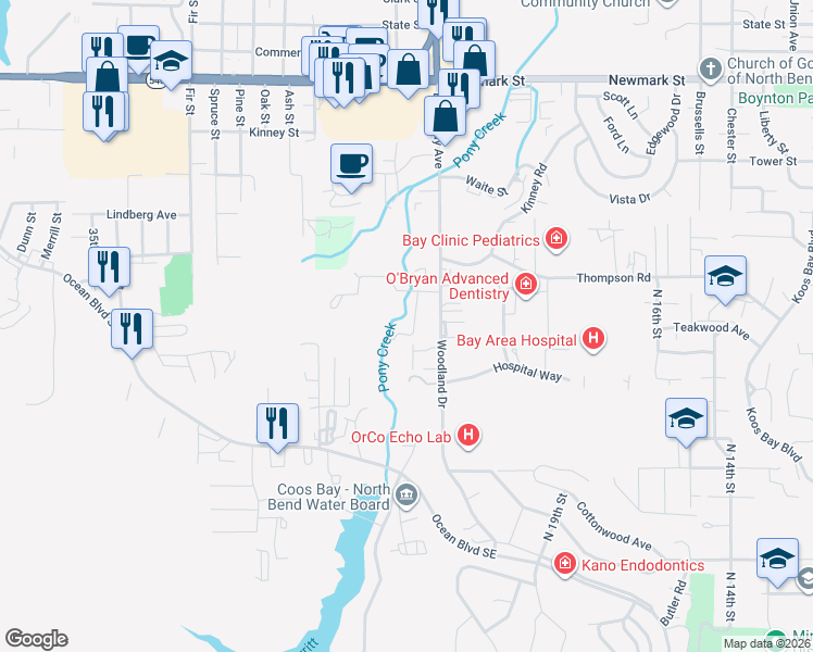 map of restaurants, bars, coffee shops, grocery stores, and more near 2510 Creekside Lane in North Bend