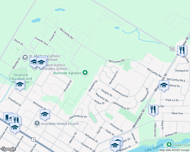 map of restaurants, bars, coffee shops, grocery stores, and more near 21 Burwell Road in Stratford