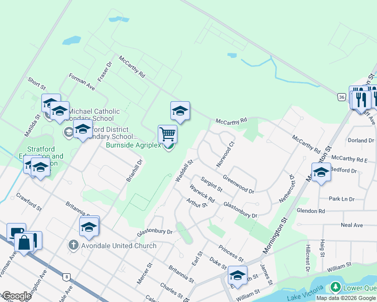 map of restaurants, bars, coffee shops, grocery stores, and more near 21 Burwell Road in Stratford
