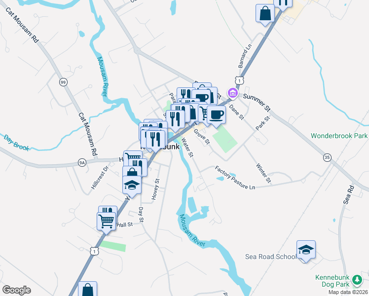 map of restaurants, bars, coffee shops, grocery stores, and more near 1 Main Street in Kennebunk