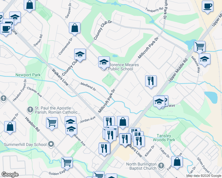 map of restaurants, bars, coffee shops, grocery stores, and more near 4105 Millcroft Park Drive in Burlington