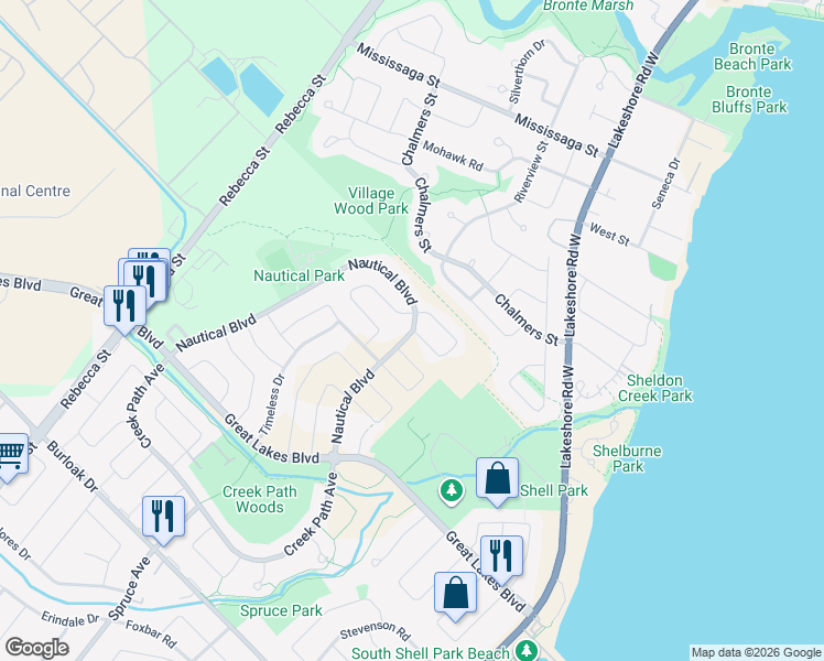 map of restaurants, bars, coffee shops, grocery stores, and more near 220 Nautical Boulevard in Oakville