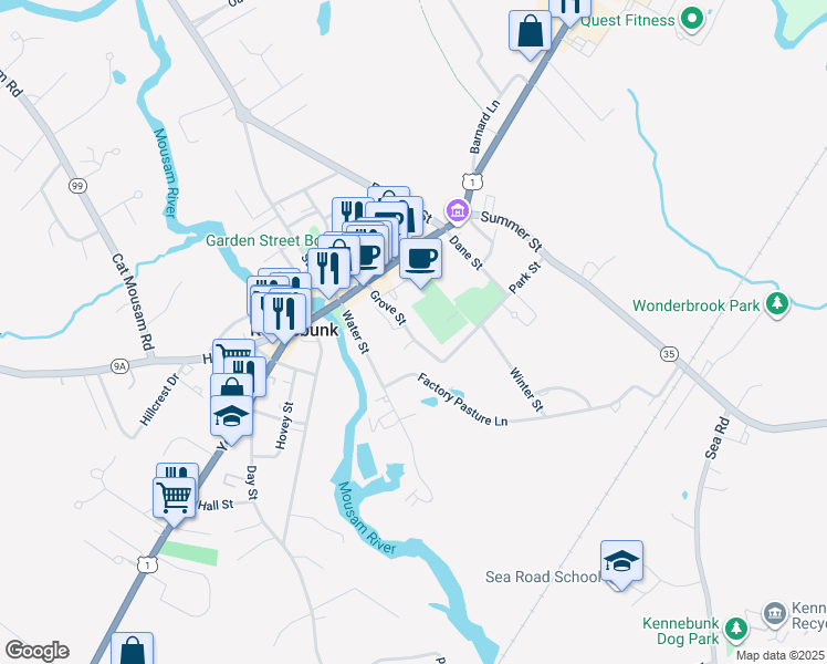 map of restaurants, bars, coffee shops, grocery stores, and more near 30 Grove Street in Kennebunk