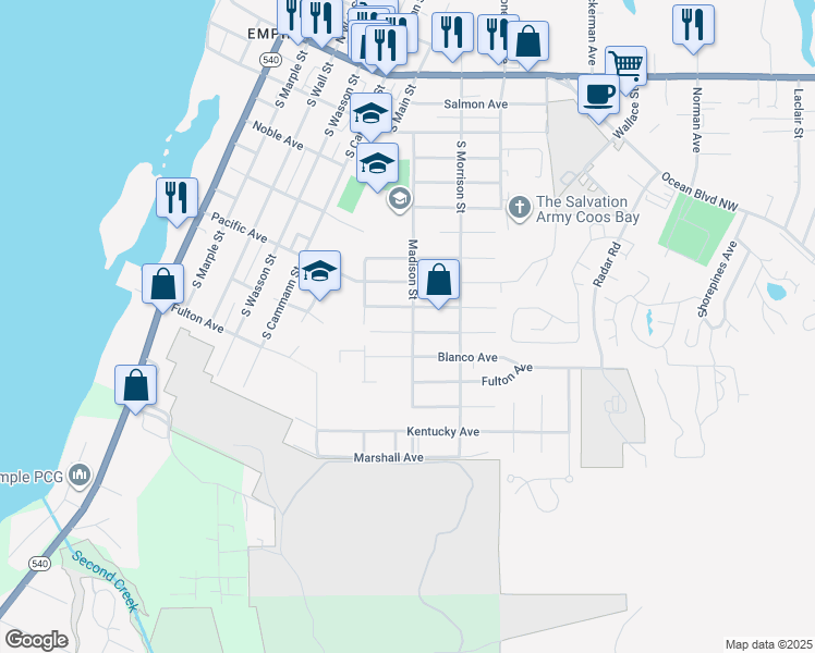 map of restaurants, bars, coffee shops, grocery stores, and more near 588 Madison Street in Coos Bay