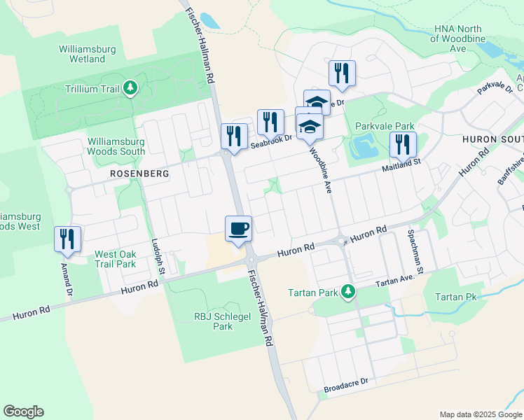 map of restaurants, bars, coffee shops, grocery stores, and more near in Kitchener