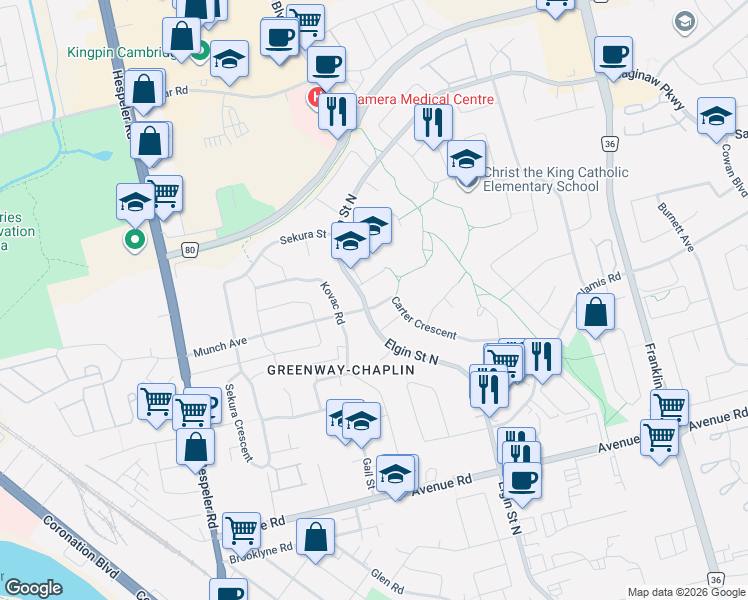 map of restaurants, bars, coffee shops, grocery stores, and more near 160 Carter Crescent in Cambridge