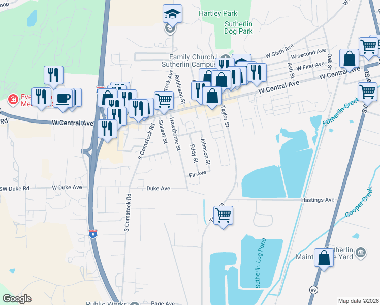 map of restaurants, bars, coffee shops, grocery stores, and more near 273 Eddy Street in Sutherlin