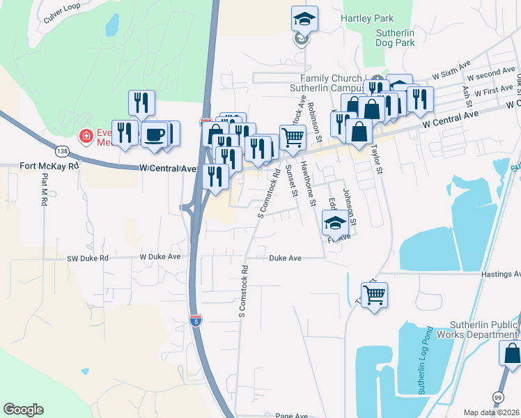 map of restaurants, bars, coffee shops, grocery stores, and more near 263 Addison Avenue in Sutherlin