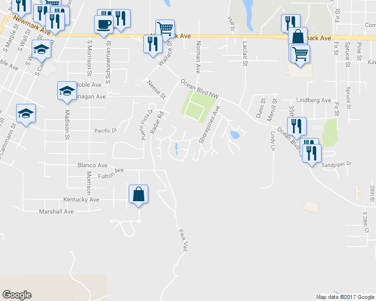 map of restaurants, bars, coffee shops, grocery stores, and more near 662 Village Pines Drive in Coos Bay