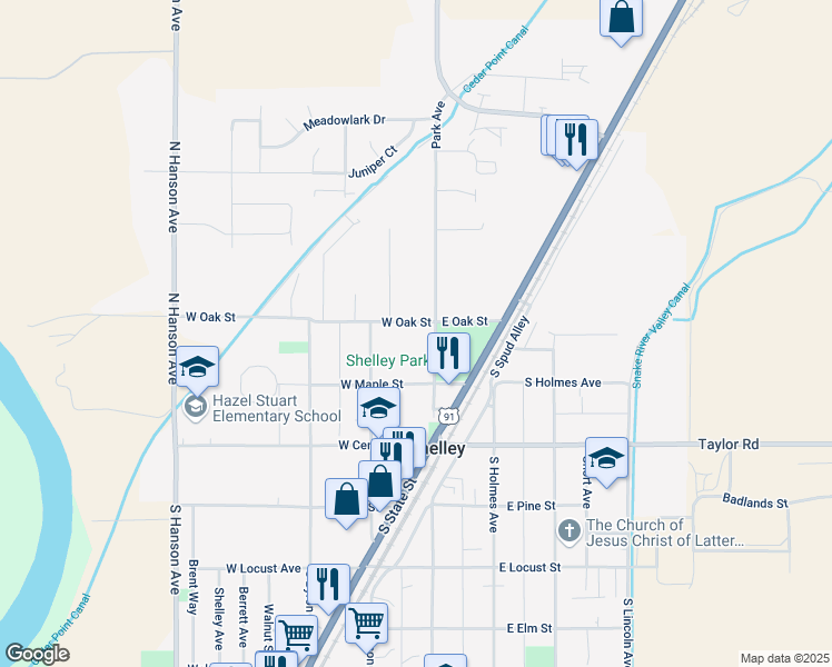 map of restaurants, bars, coffee shops, grocery stores, and more near 224-298 New Sweden Highway in Shelley