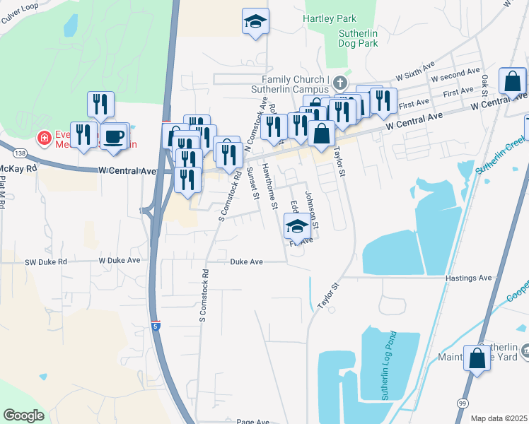 map of restaurants, bars, coffee shops, grocery stores, and more near 302 Sunset St in Sutherlin