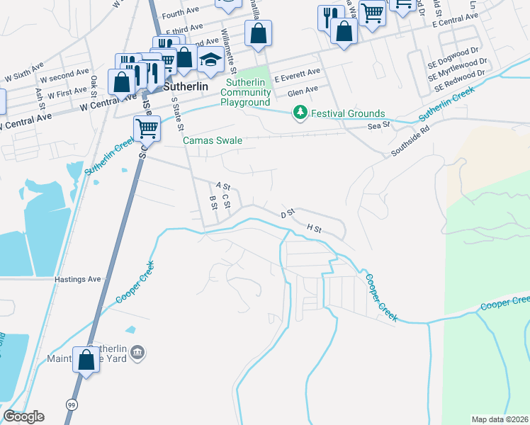 map of restaurants, bars, coffee shops, grocery stores, and more near 550 South State Street in Sutherlin