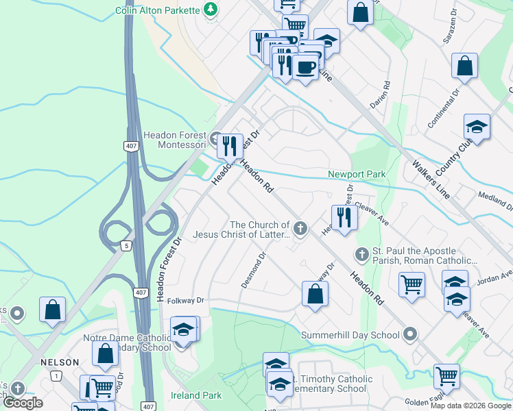 map of restaurants, bars, coffee shops, grocery stores, and more near 2416 Baxter Crescent in Burlington