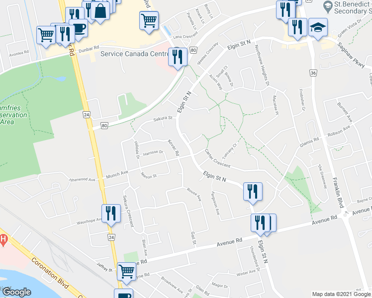 map of restaurants, bars, coffee shops, grocery stores, and more near 662 Elgin Street North in Cambridge