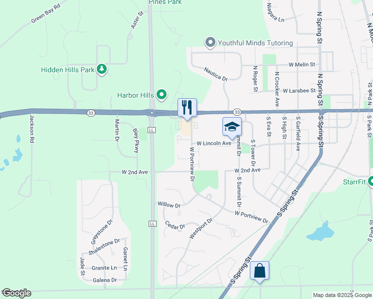 map of restaurants, bars, coffee shops, grocery stores, and more near 1587 West Portview Drive in Port Washington