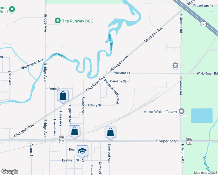 map of restaurants, bars, coffee shops, grocery stores, and more near 737 Massachusetts Boulevard in Alma