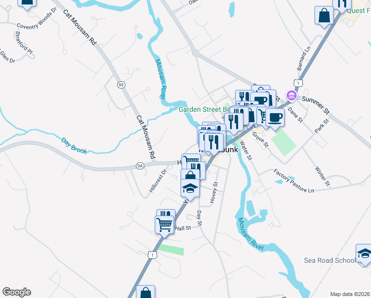 map of restaurants, bars, coffee shops, grocery stores, and more near 31 Pleasant Street in Kennebunk
