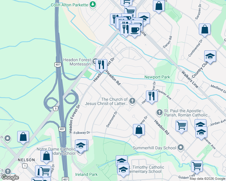 map of restaurants, bars, coffee shops, grocery stores, and more near 2416 Baxter Crescent in Burlington